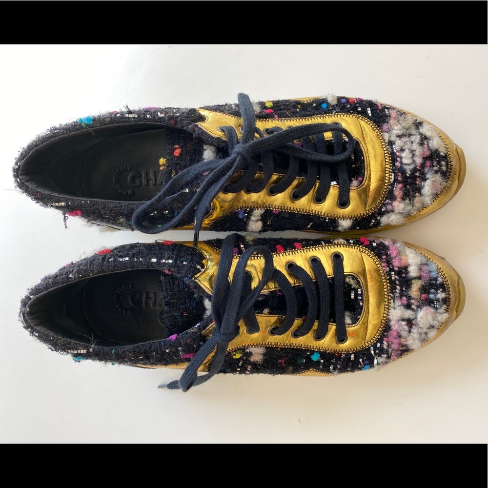 CHANEL sneakers 37.5 gold and tweed